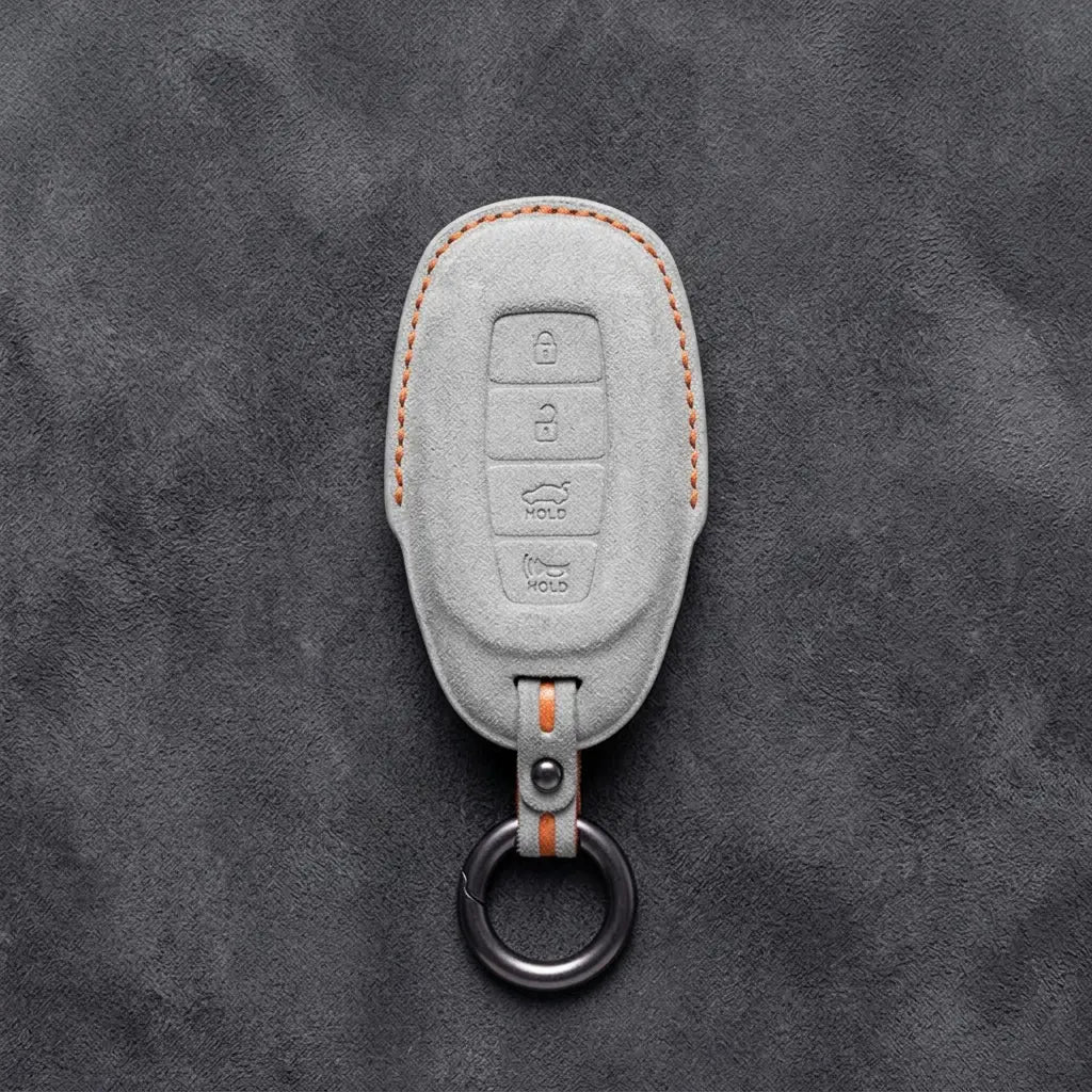 Hyundai Hand-Stitched Alcantara Key Fob Cover – Silver Cap 4-Button White