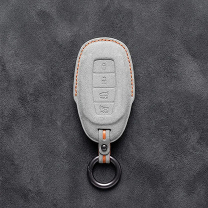 Hyundai Hand-Stitched Alcantara Key Fob Cover – Silver Cap 4-Button White