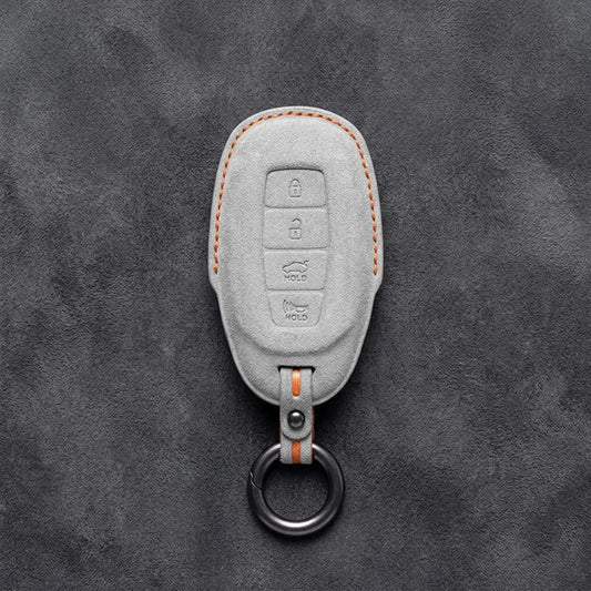 Hyundai Hand-Stitched Alcantara Key Fob Cover – Silver Cap 4-Button White