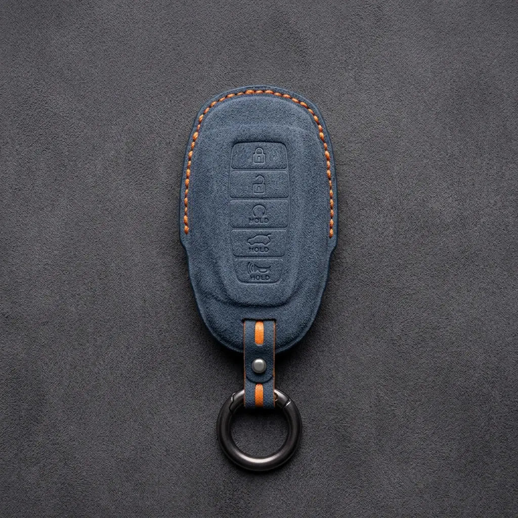 Hyundai Hand-Stitched Alcantara Key Fob Cover – Silver Cap 5-Button Cobalt Blue