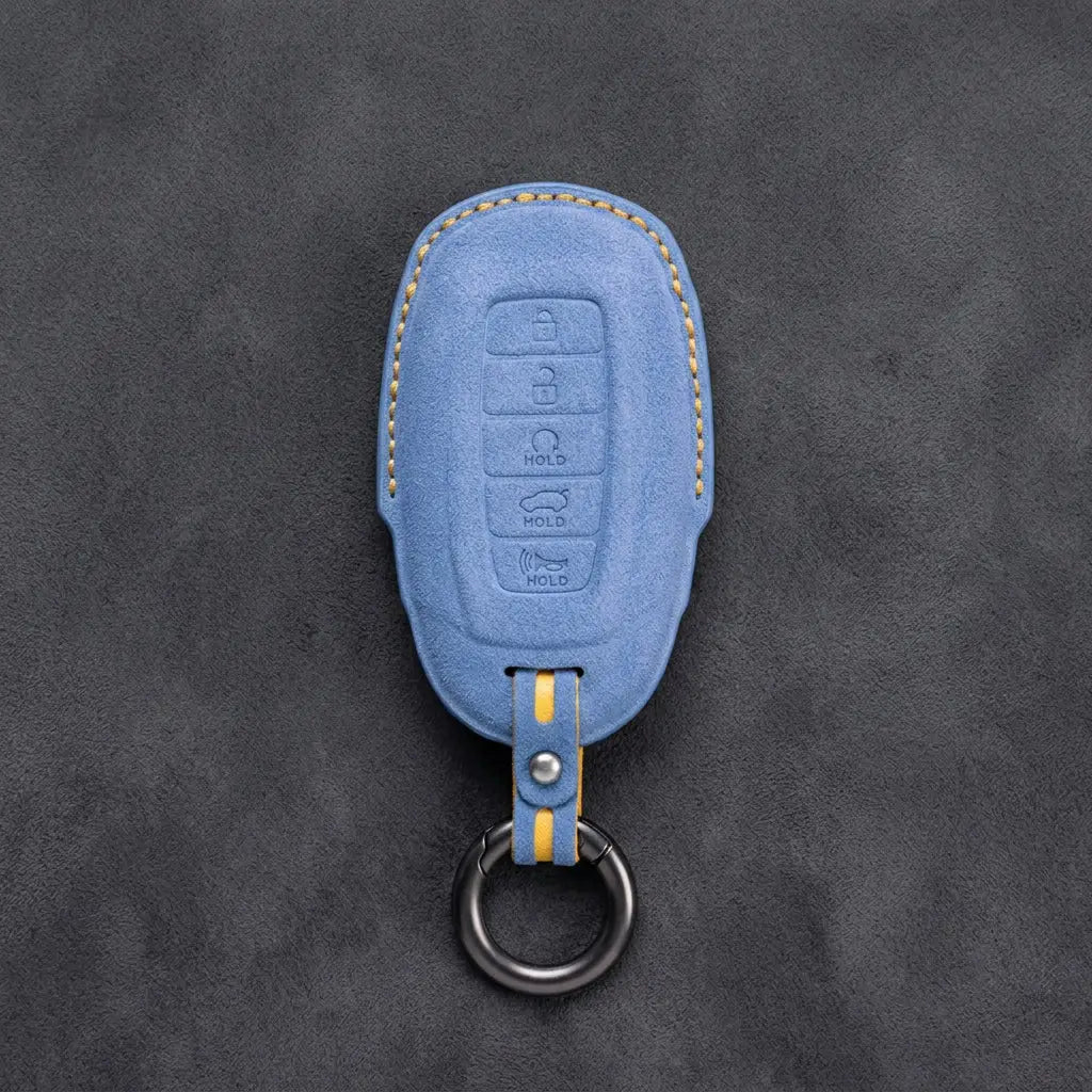 Hyundai Hand-Stitched Alcantara Key Fob Cover – Silver Cap 5-Button Cornflower Blue