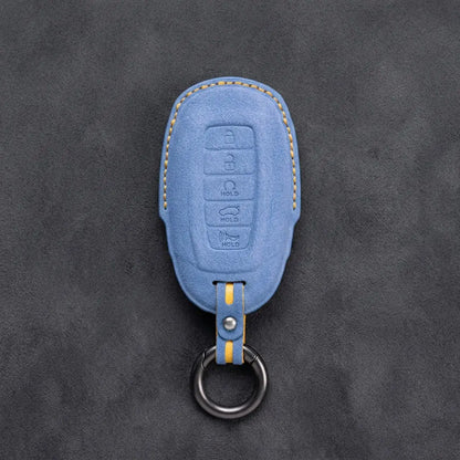 Hyundai Hand-Stitched Alcantara Key Fob Cover – Silver Cap 5-Button Cornflower Blue