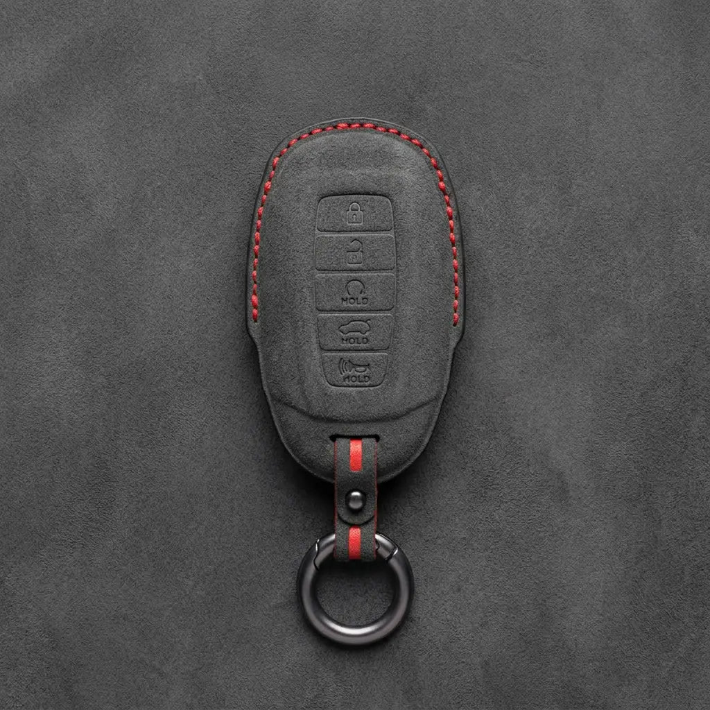 Hyundai Hand-Stitched Alcantara Key Fob Cover – Silver Cap 5-Button Dark Charcoal