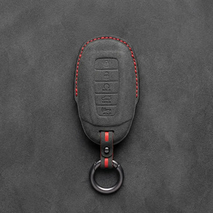 Hyundai Hand-Stitched Alcantara Key Fob Cover – Silver Cap 5-Button Dark Charcoal