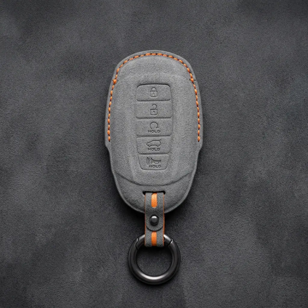 Hyundai Hand-Stitched Alcantara Key Fob Cover – Silver Cap 5-Button Dark Gray