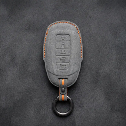 Hyundai Hand-Stitched Alcantara Key Fob Cover – Silver Cap 5-Button Dark Gray