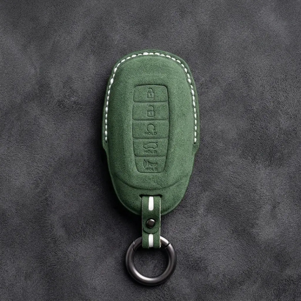 Hyundai Hand-Stitched Alcantara Key Fob Cover – Silver Cap 5-Button Dark Green