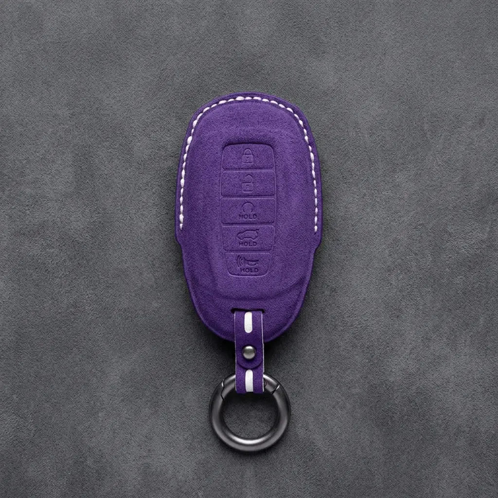 Hyundai Hand-Stitched Alcantara Key Fob Cover – Silver Cap 5-Button Dark Purple