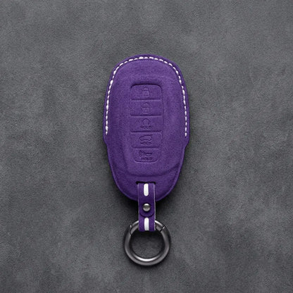Hyundai Hand-Stitched Alcantara Key Fob Cover – Silver Cap 5-Button Dark Purple