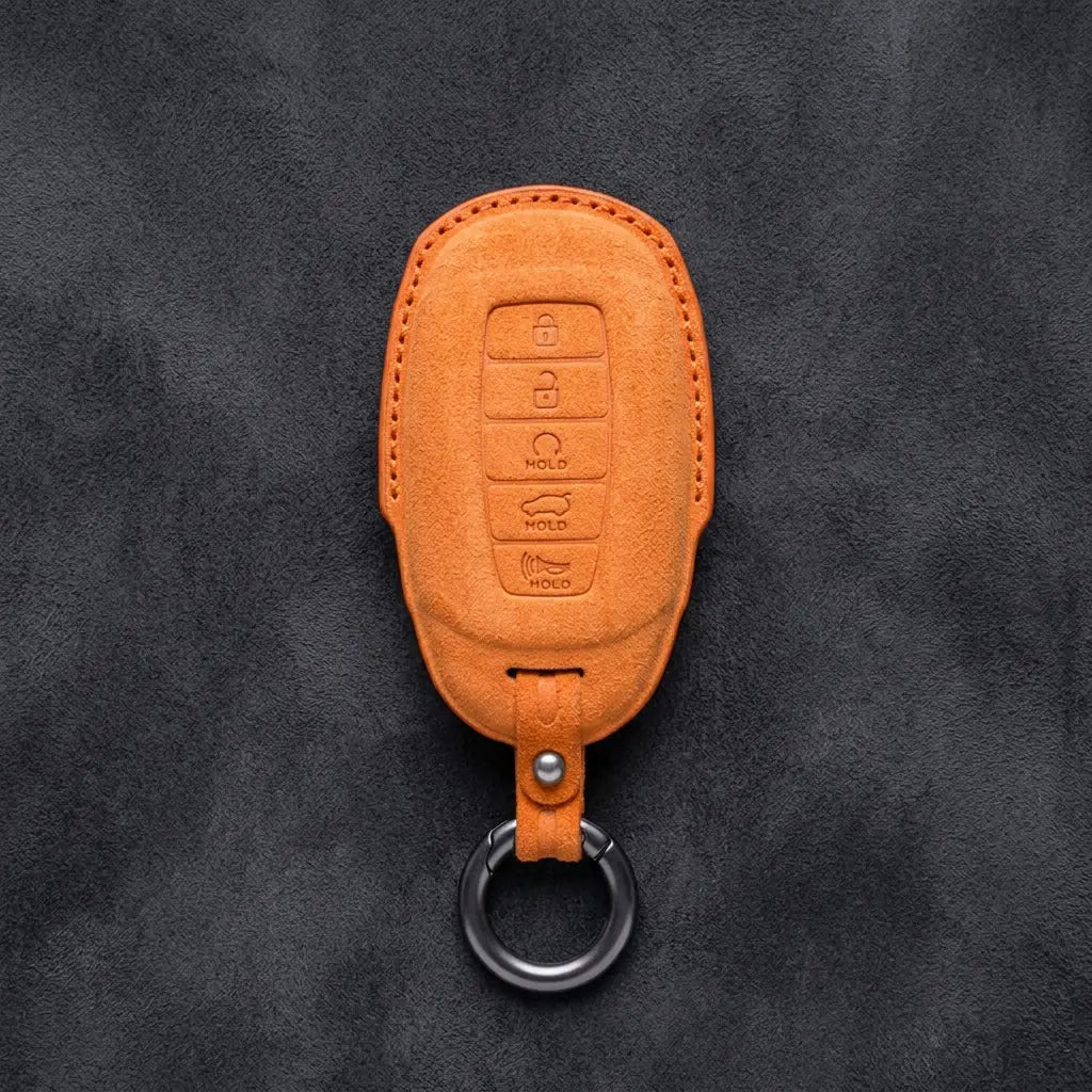 Hyundai Hand-Stitched Alcantara Key Fob Cover – Silver Cap 5-Button Orange