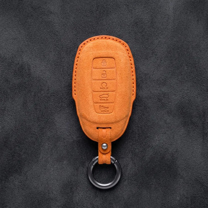 Hyundai Hand-Stitched Alcantara Key Fob Cover – Silver Cap 5-Button Orange