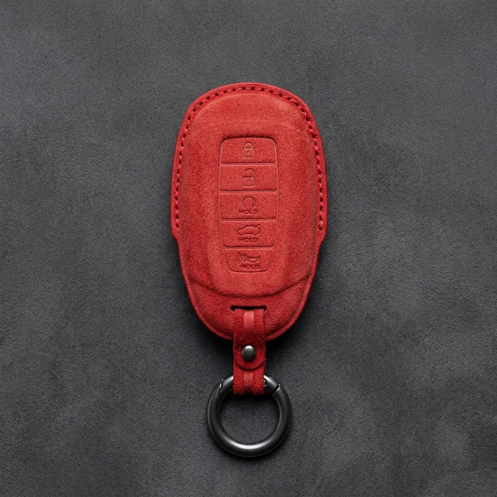 Hyundai Hand-Stitched Alcantara Key Fob Cover – Silver Cap 5-Button Red