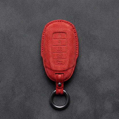 Hyundai Hand-Stitched Alcantara Key Fob Cover – Silver Cap 5-Button Red