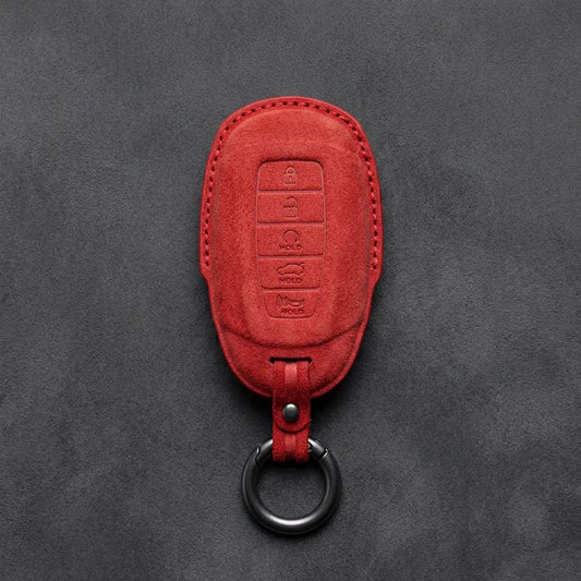 Hyundai Hand-Stitched Alcantara Key Fob Cover – Silver Cap 5-Button Red