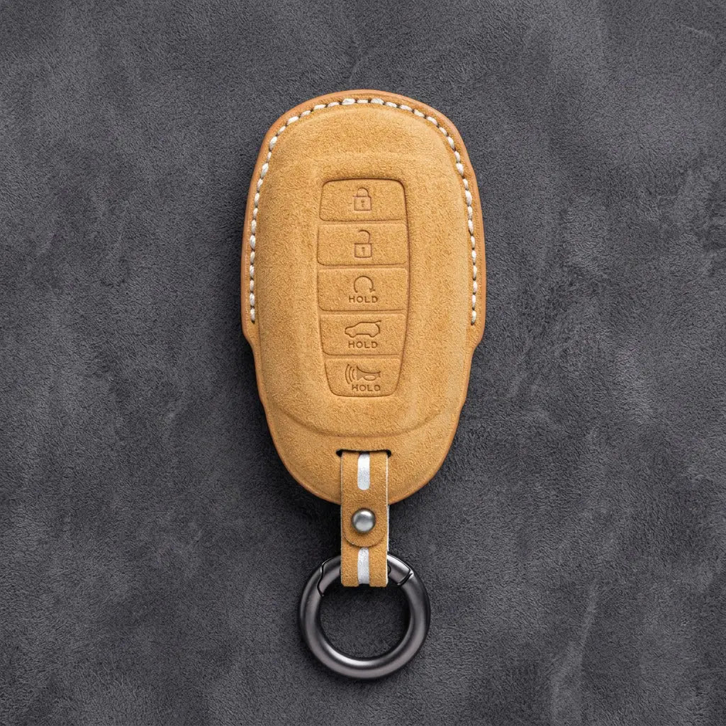 Hyundai Hand-Stitched Alcantara Key Fob Cover – Silver Cap 5-Button Soft Brown