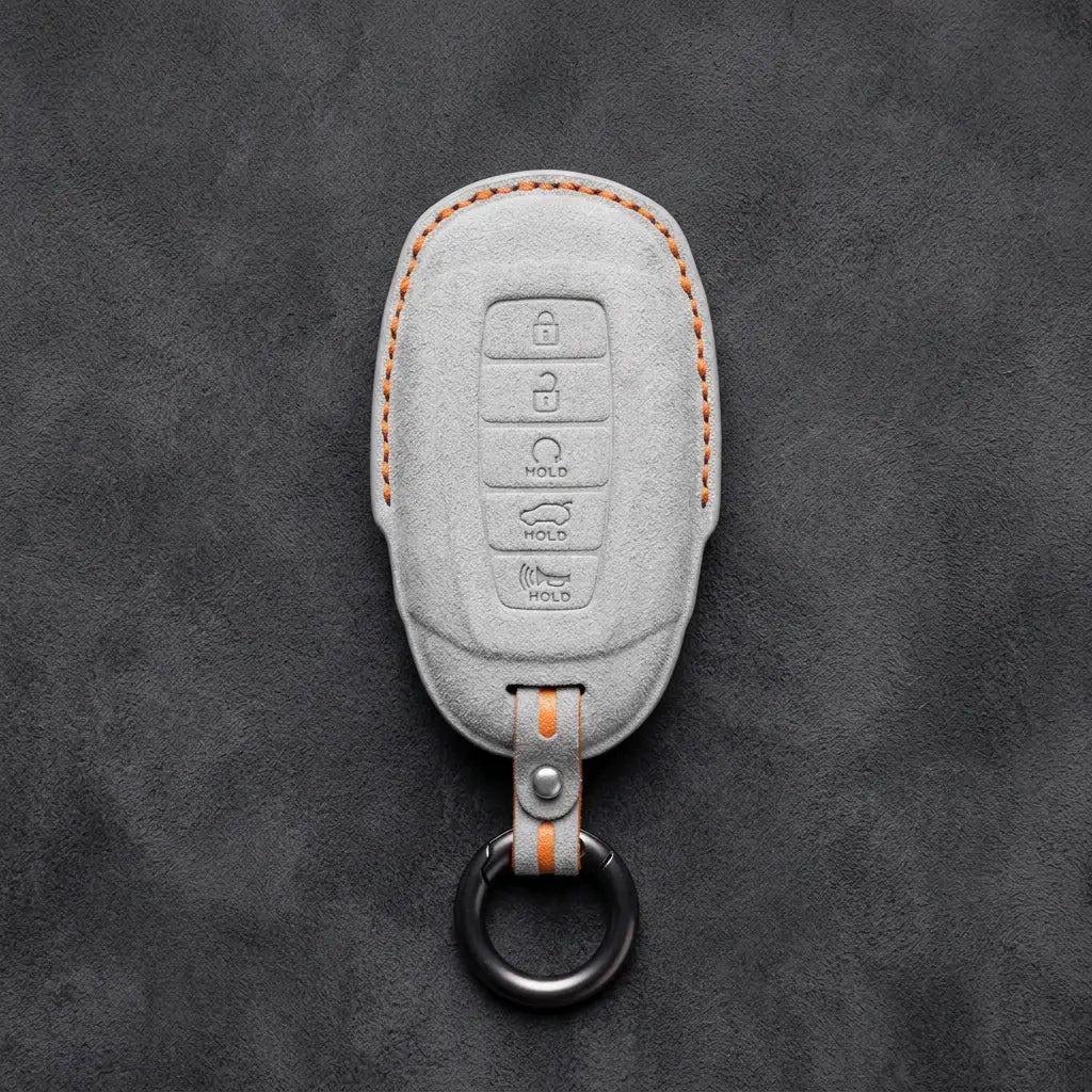 Hyundai Hand-Stitched Alcantara Key Fob Cover – Silver Cap 5-Button White