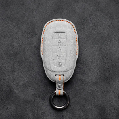 Hyundai Hand-Stitched Alcantara Key Fob Cover – Silver Cap 5-Button White