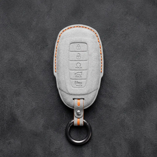Hyundai Hand-Stitched Alcantara Key Fob Cover – Silver Cap 5-Button White