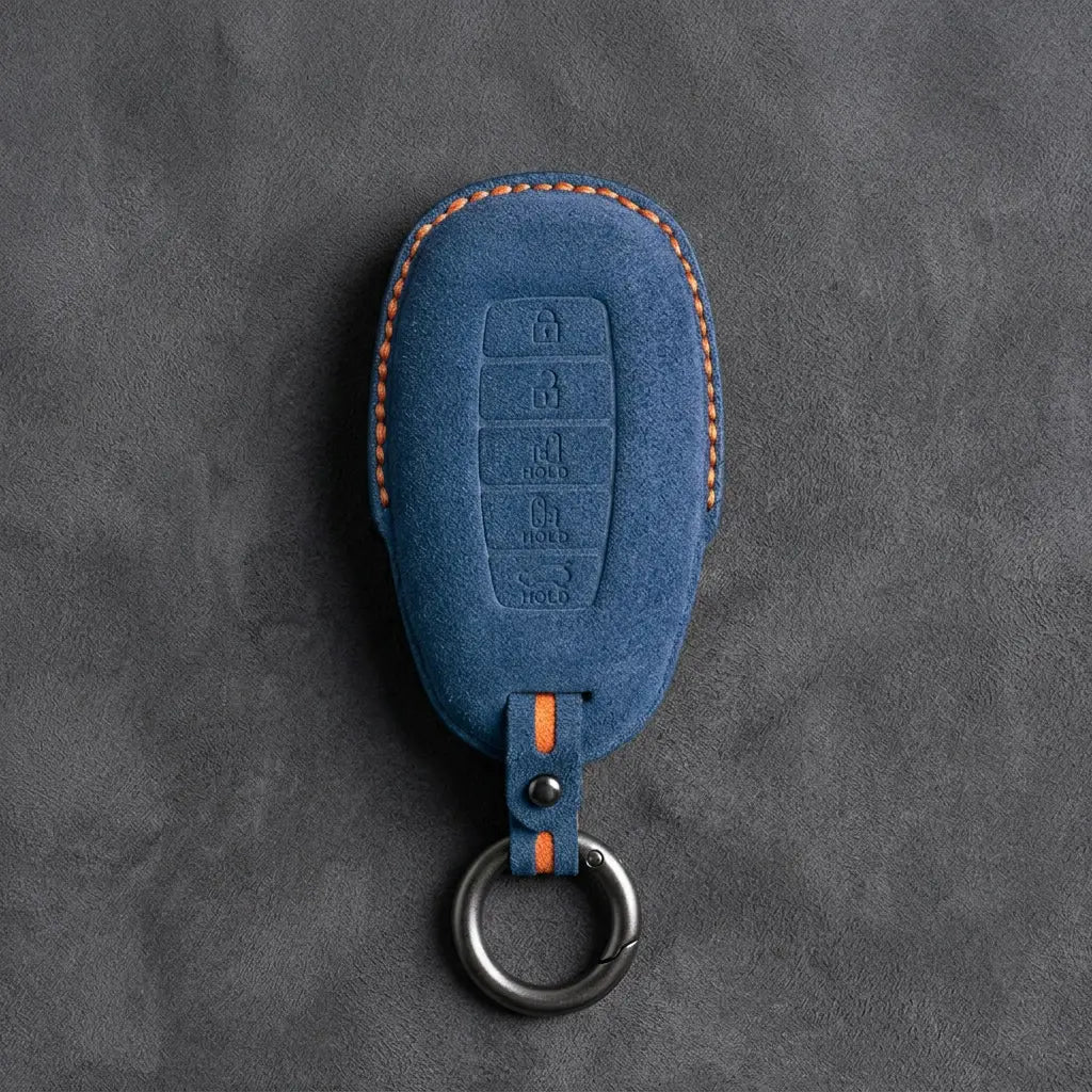 Hyundai Hand-Stitched Alcantara Key Fob Cover – Silver Cap Parking & Trunk Cobalt Blue