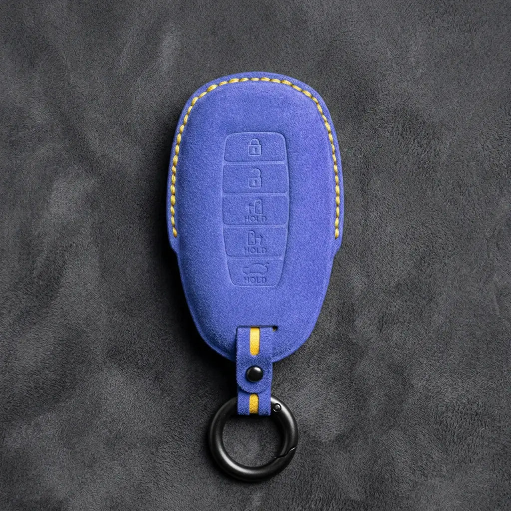 Hyundai Hand-Stitched Alcantara Key Fob Cover – Silver Cap Parking & Trunk Cornflower Blue