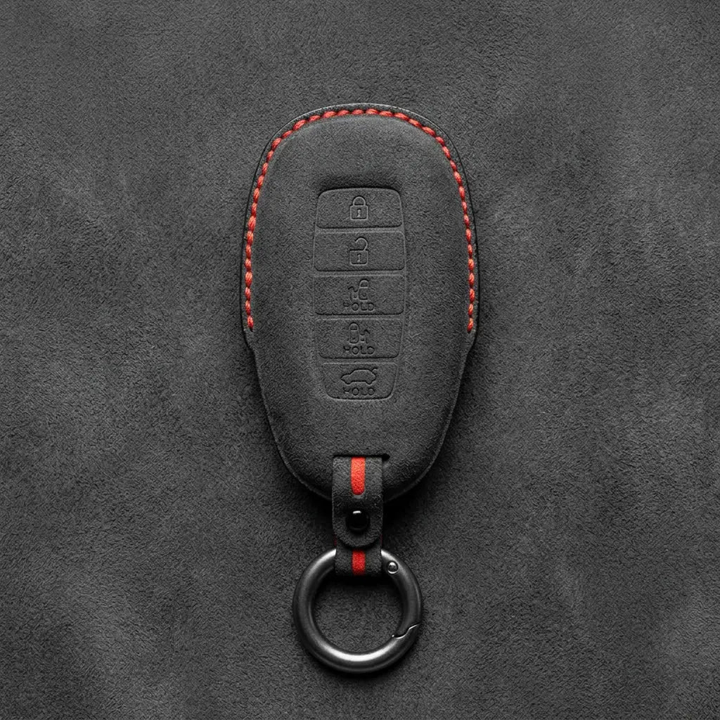Hyundai Hand-Stitched Alcantara Key Fob Cover – Silver Cap Parking & Trunk Dark Charcoal