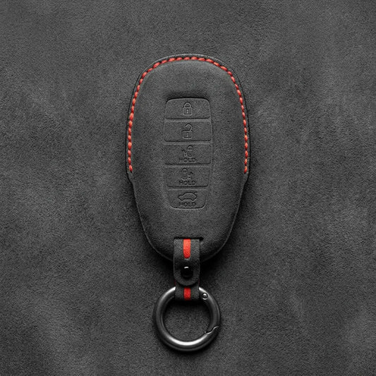 Hyundai Hand-Stitched Alcantara Key Fob Cover – Silver Cap Parking & Trunk Dark Charcoal