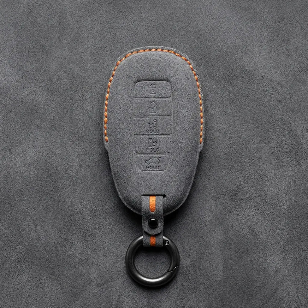 Hyundai Hand-Stitched Alcantara Key Fob Cover – Silver Cap Parking & Trunk Dark Gray