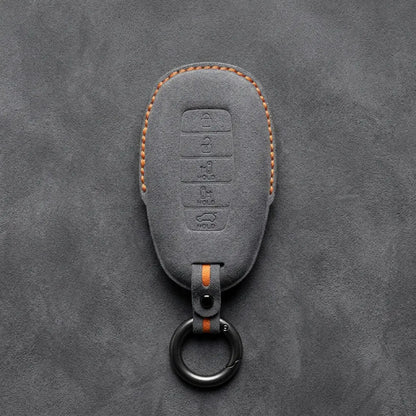 Hyundai Hand-Stitched Alcantara Key Fob Cover – Silver Cap Parking & Trunk Dark Gray