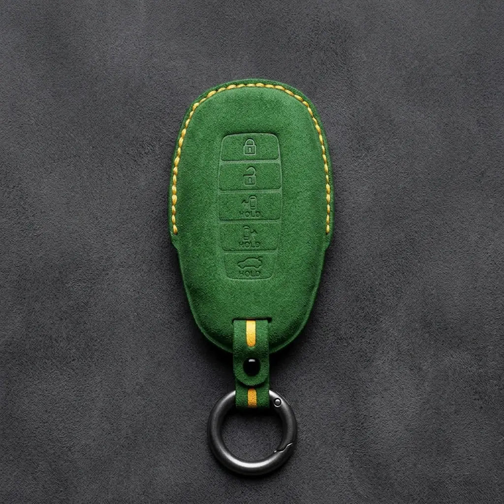 Hyundai Hand-Stitched Alcantara Key Fob Cover – Silver Cap Parking & Trunk Grass Green