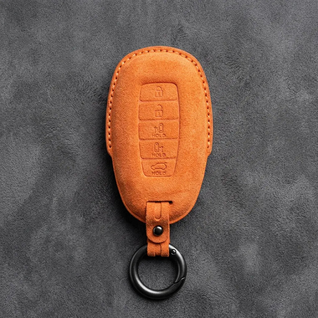 Hyundai Hand-Stitched Alcantara Key Fob Cover – Silver Cap Parking & Trunk Orange