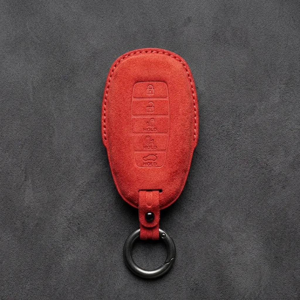 Hyundai Hand-Stitched Alcantara Key Fob Cover – Silver Cap Parking & Trunk Red