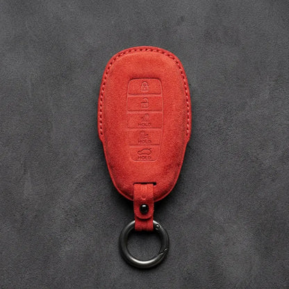 Hyundai Hand-Stitched Alcantara Key Fob Cover – Silver Cap Parking & Trunk Red