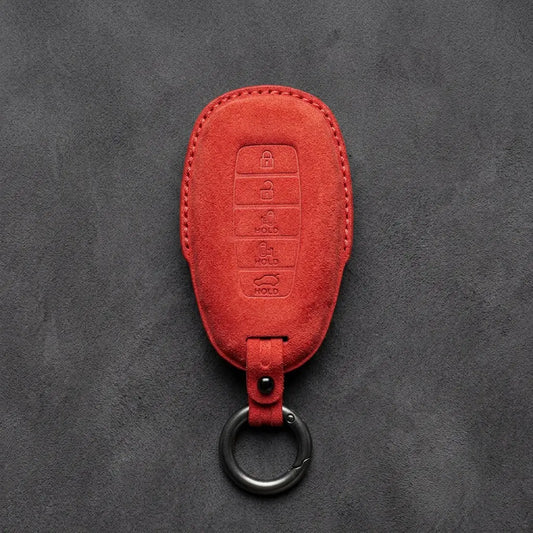 Hyundai Hand-Stitched Alcantara Key Fob Cover – Silver Cap Parking & Trunk Red
