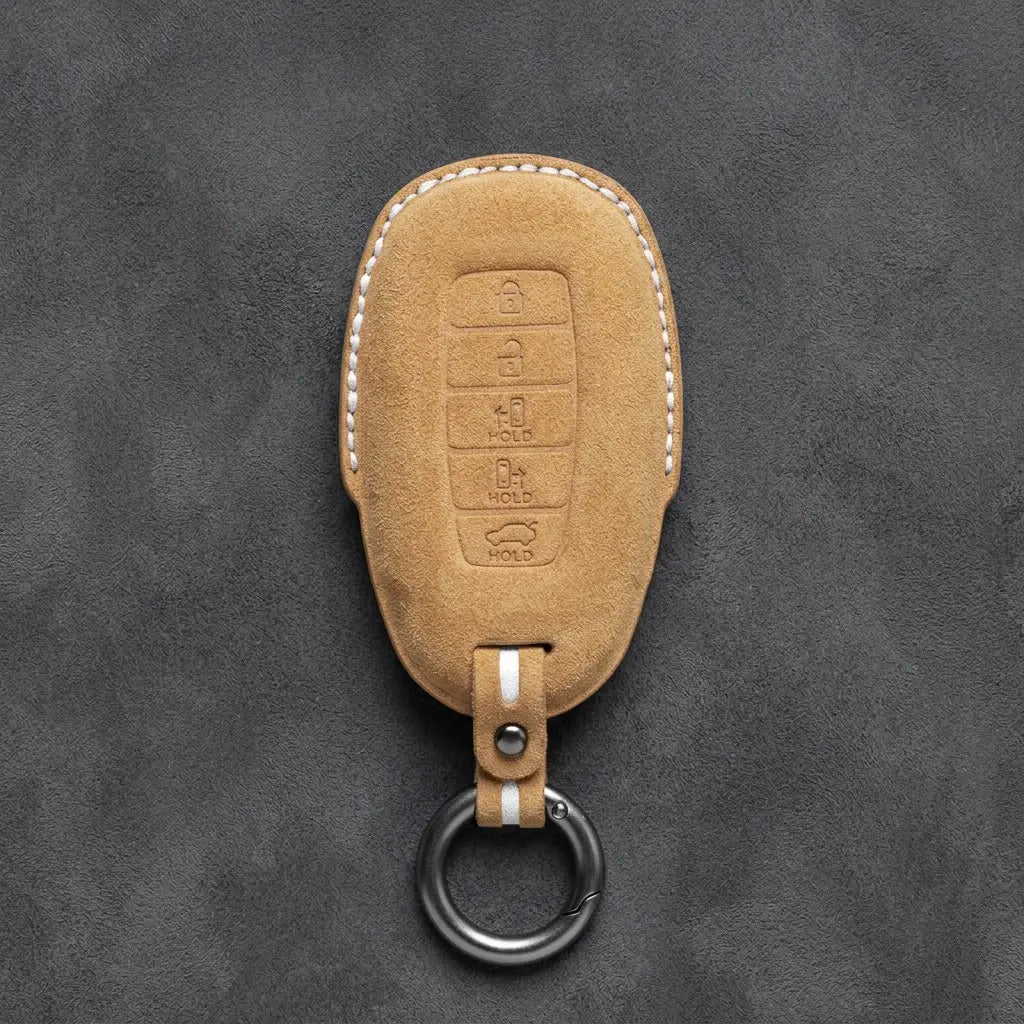Hyundai Hand-Stitched Alcantara Key Fob Cover – Silver Cap Parking & Trunk Soft Brown