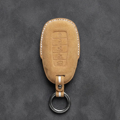Hyundai Hand-Stitched Alcantara Key Fob Cover – Silver Cap Parking & Trunk Soft Brown