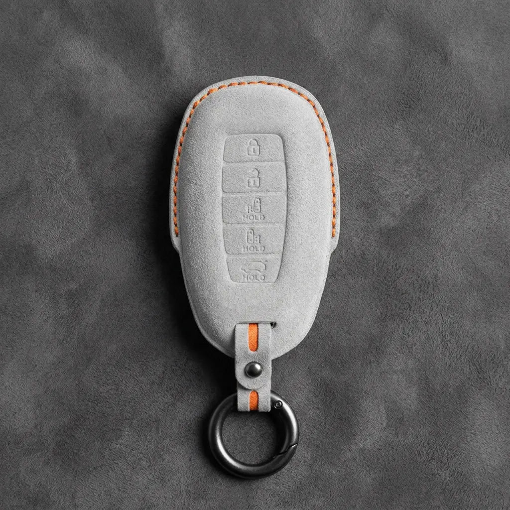 Hyundai Hand-Stitched Alcantara Key Fob Cover – Silver Cap Parking & Trunk White