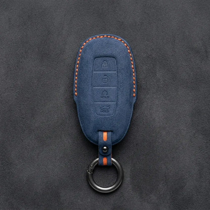 Hyundai Hand-Stitched Alcantara Key Fob Cover – Silver Cap Start & Trunk Cobalt Blue