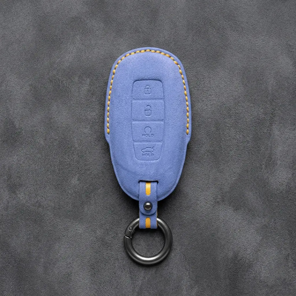 Hyundai Hand-Stitched Alcantara Key Fob Cover – Silver Cap Start & Trunk Cornflower Blue
