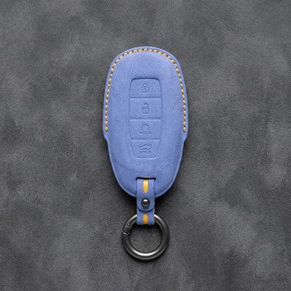 Hyundai Hand-Stitched Alcantara Key Fob Cover – Silver Cap Start & Trunk Cornflower Blue