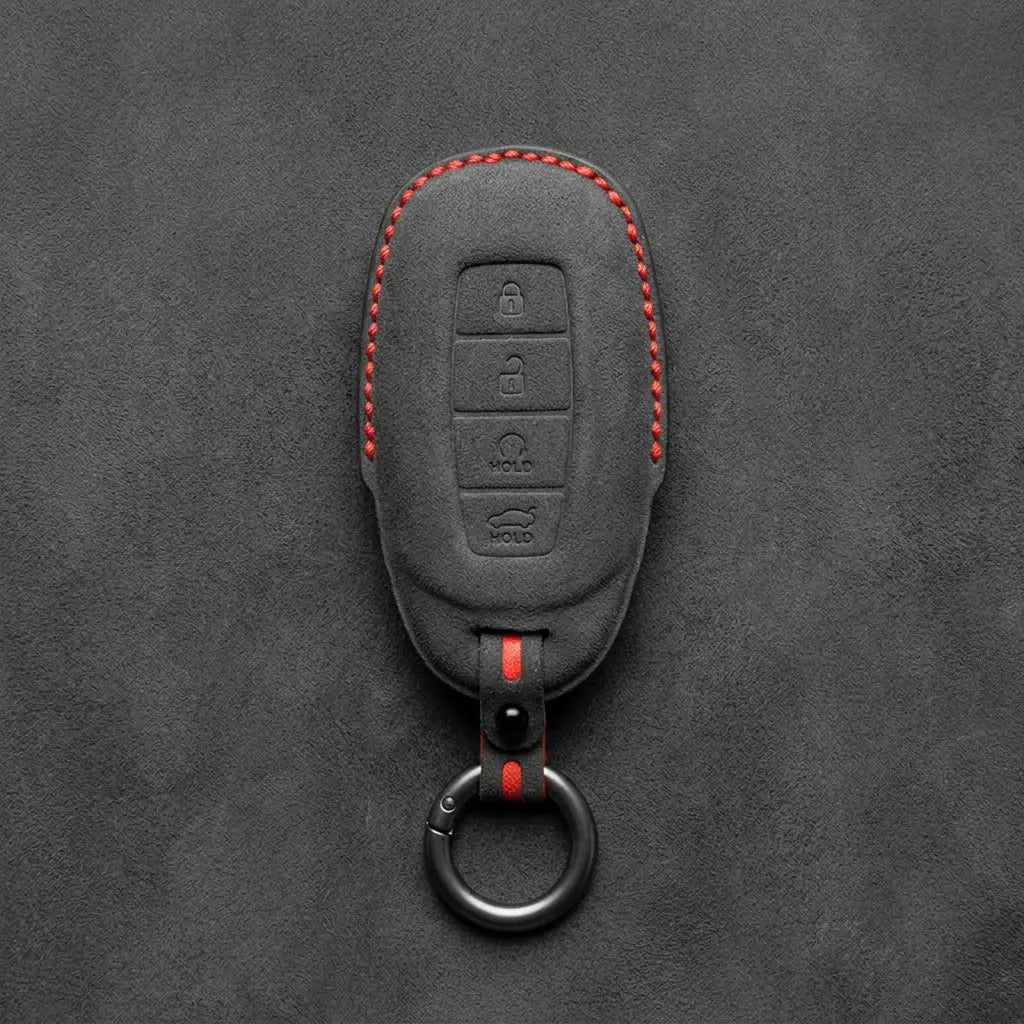 Hyundai Hand-Stitched Alcantara Key Fob Cover – Silver Cap Start & Trunk Dark Charcoal