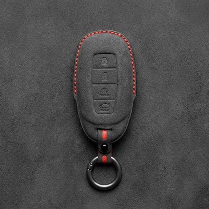 Hyundai Hand-Stitched Alcantara Key Fob Cover – Silver Cap Start & Trunk Dark Charcoal
