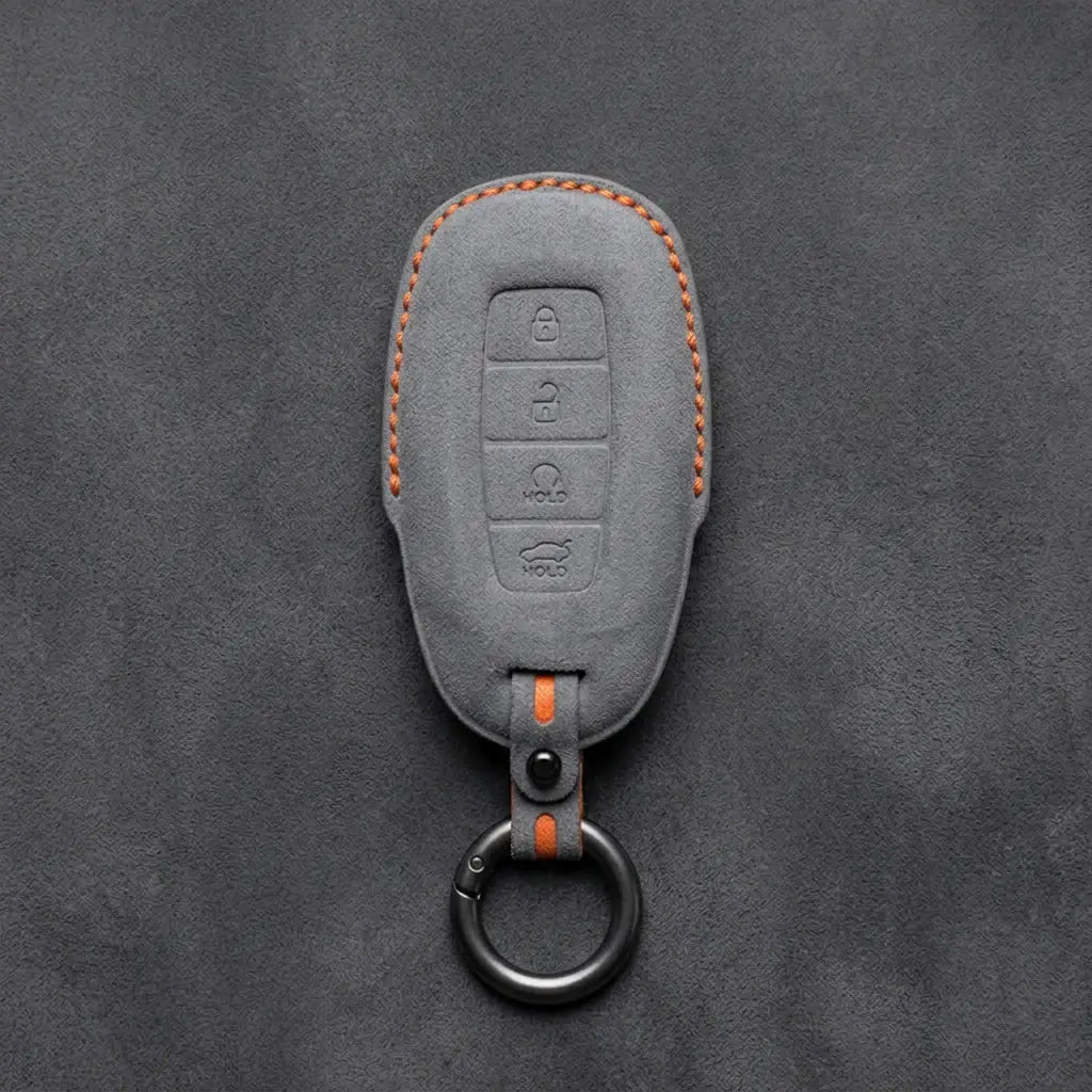 Hyundai Hand-Stitched Alcantara Key Fob Cover – Silver Cap Start & Trunk Dark Gray