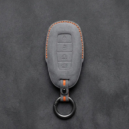 Hyundai Hand-Stitched Alcantara Key Fob Cover – Silver Cap Start & Trunk Dark Gray