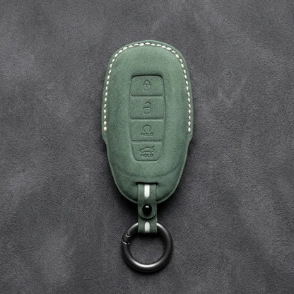 Hyundai Hand-Stitched Alcantara Key Fob Cover – Silver Cap Start & Trunk Dark Green