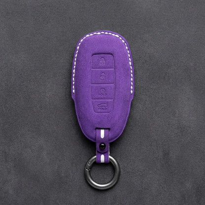 Hyundai Hand-Stitched Alcantara Key Fob Cover – Silver Cap Start & Trunk Dark Purple