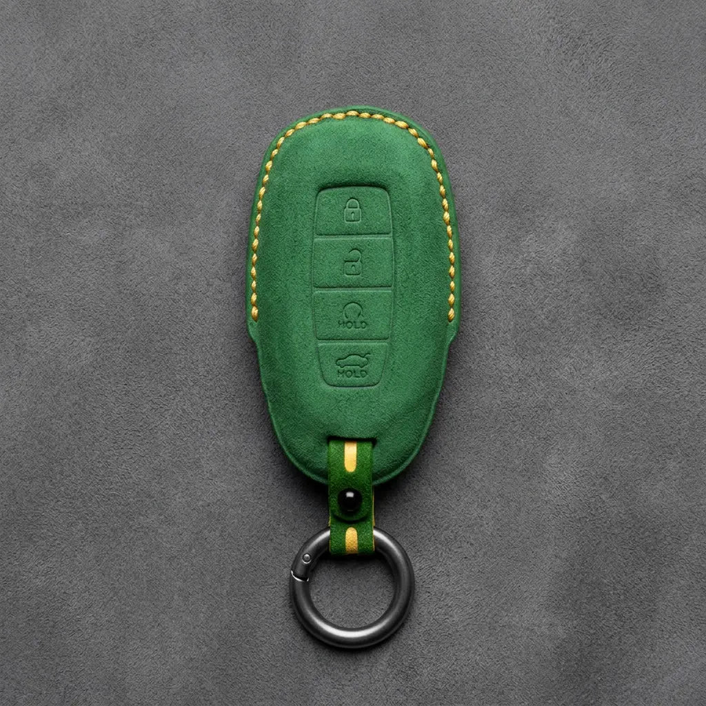Hyundai Hand-Stitched Alcantara Key Fob Cover – Silver Cap Start & Trunk Grass Green