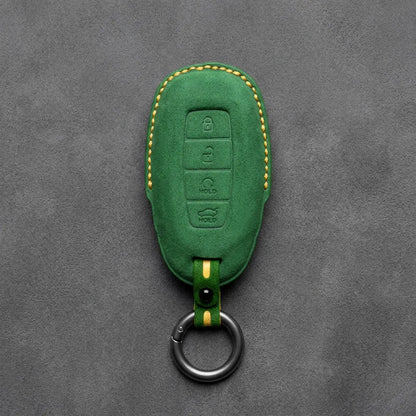 Hyundai Hand-Stitched Alcantara Key Fob Cover – Silver Cap Start & Trunk Grass Green