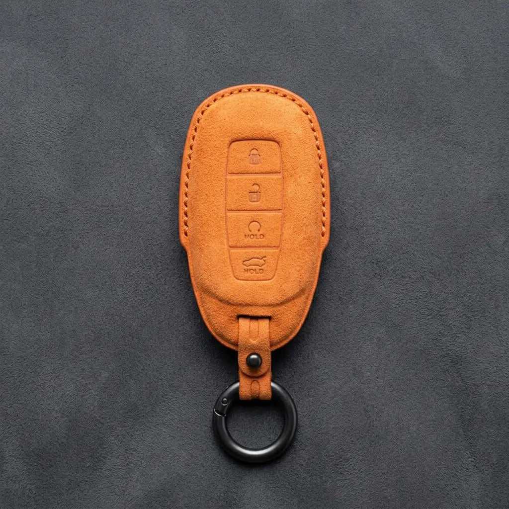 Hyundai Hand-Stitched Alcantara Key Fob Cover – Silver Cap Start & Trunk Orange
