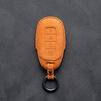 Hyundai Hand-Stitched Alcantara Key Fob Cover – Silver Cap Start & Trunk Orange