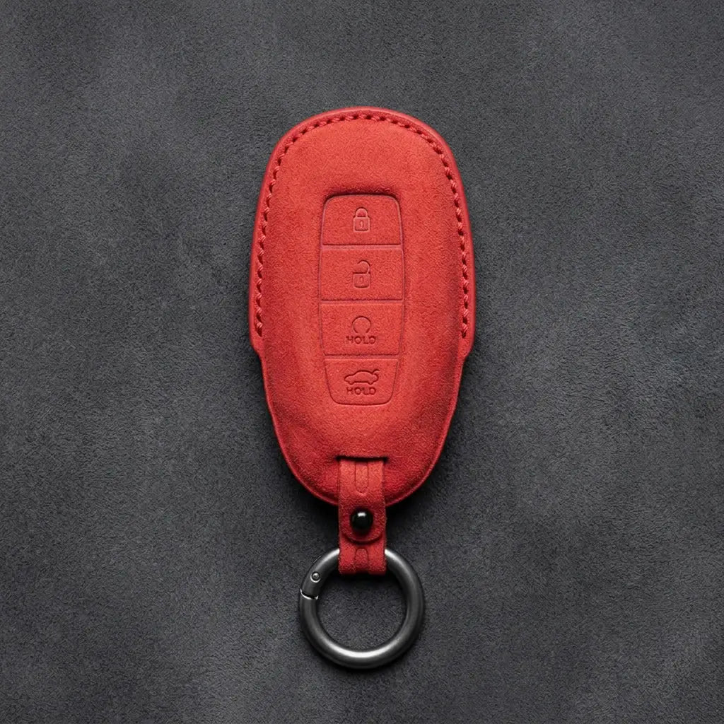 Hyundai Hand-Stitched Alcantara Key Fob Cover – Silver Cap Start & Trunk Red